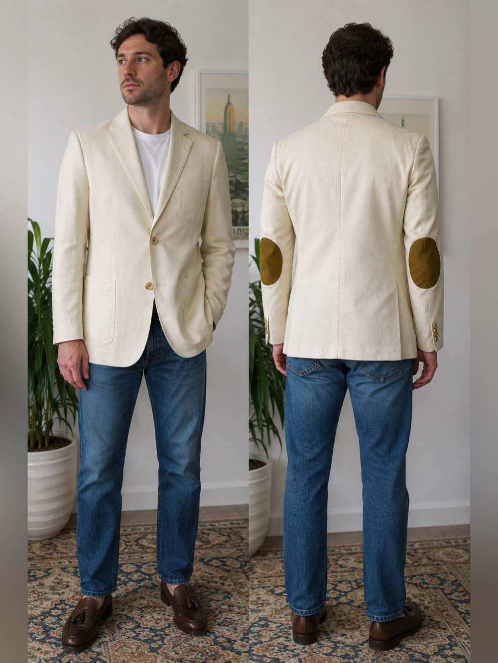 Sahara Club Linen Blend Blazer | Cream Elbow Patch Sport Coat | Size 18